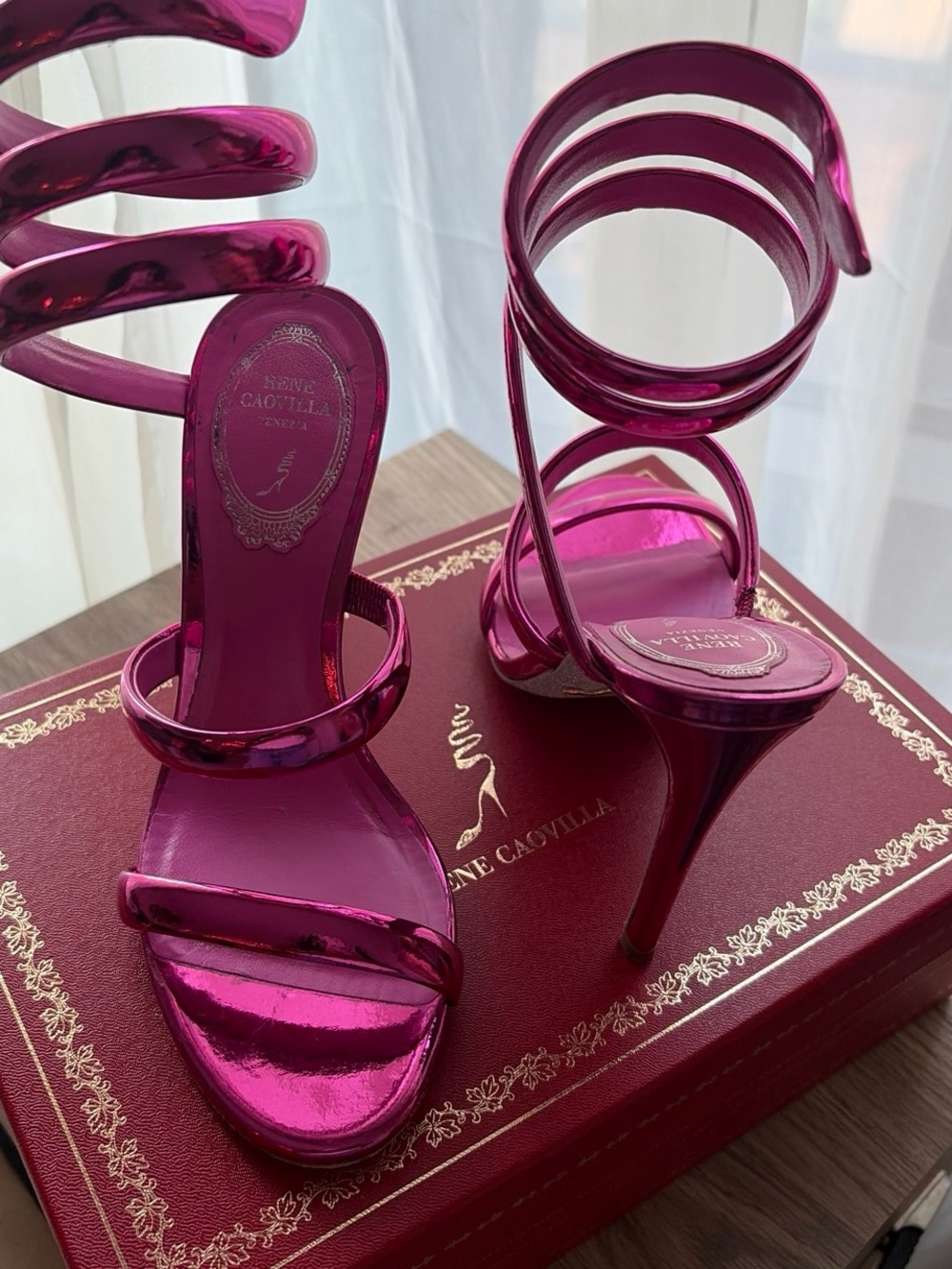 Rene Caovilla Metallic Hot Pink Spiral-Strap Stiletto Sandals - Picture 2 of 5